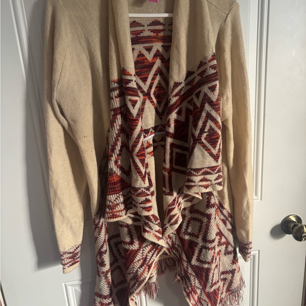 No Boundaries Beige and Burgundy Patterned Cardigan